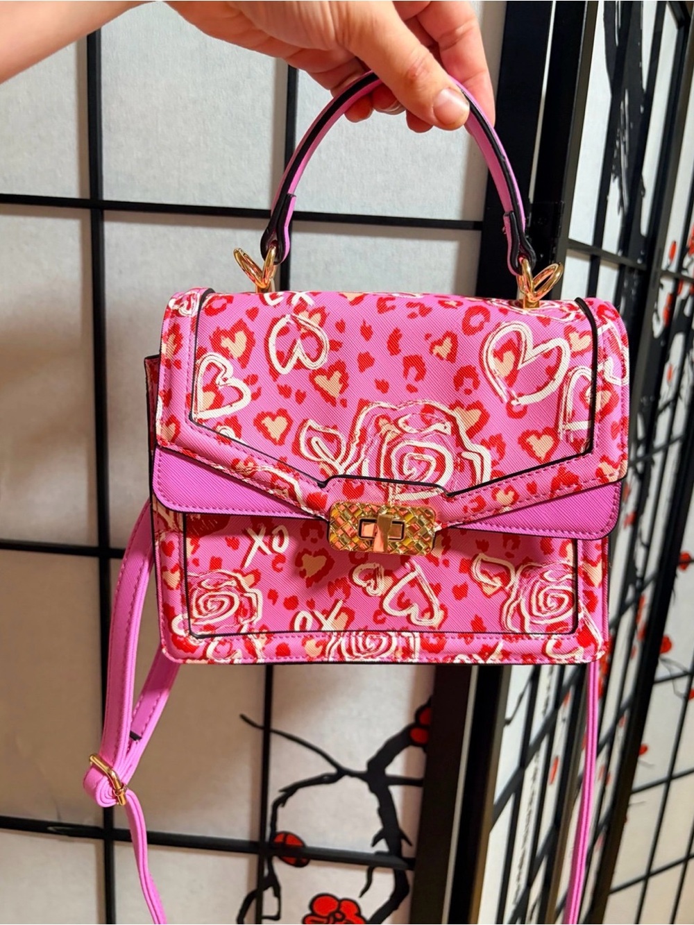 ALDO Pink Leopard Hearts Lips Top Handle Crossbody Satchel Bag
